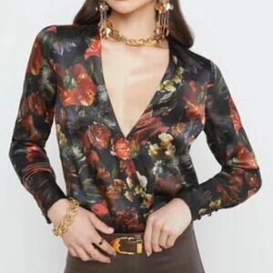 L'Agence Blaze Bodysuit in Black Multi Oil Painting Floral Deep V Silk XS/T NEW